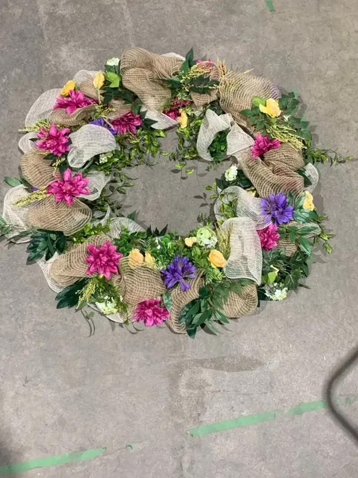 Floral Wreath with Burlap Ribbon 40”