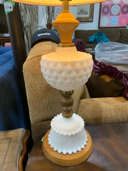 Vintage Hobnail Milk Glass Table Lamp with Wood base and accents