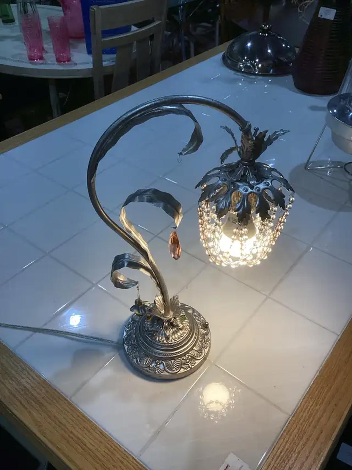 Floral Beaded Silver Table Lamp