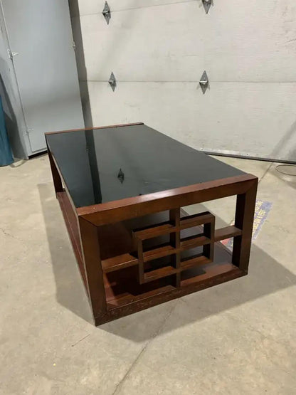 Wooden Black Glass Top Coffee Table with Geometric Design