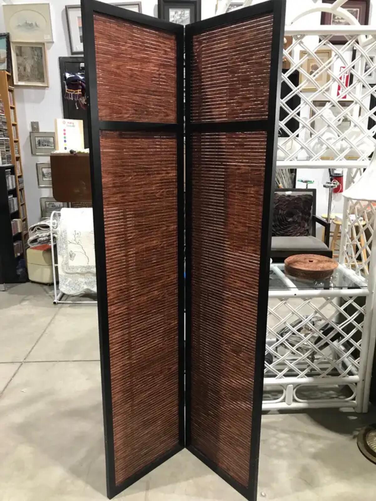 Brown Room Divider with Black Frame - Set of 3 - 9 Panels