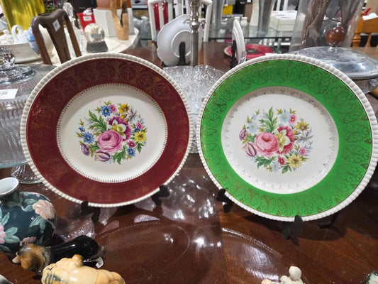 Solian Ware Vintage Floral Plates - Red & Green Pair