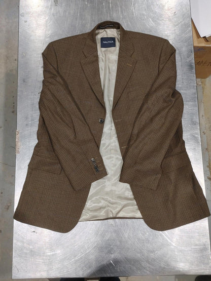 Excellent Condition Nautica 100% Wool Men's Plaid Brown Suit Jacket Chest 24in