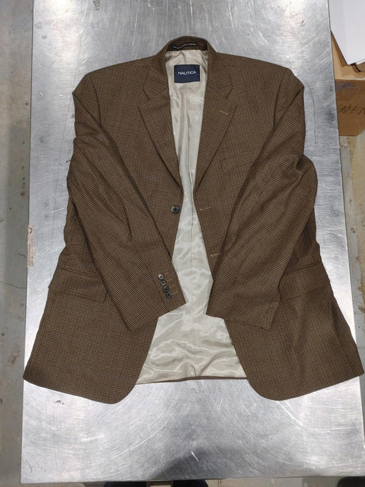 Excellent Condition Nautica 100% Wool Men's Plaid Brown Suit Jacket Chest 24in