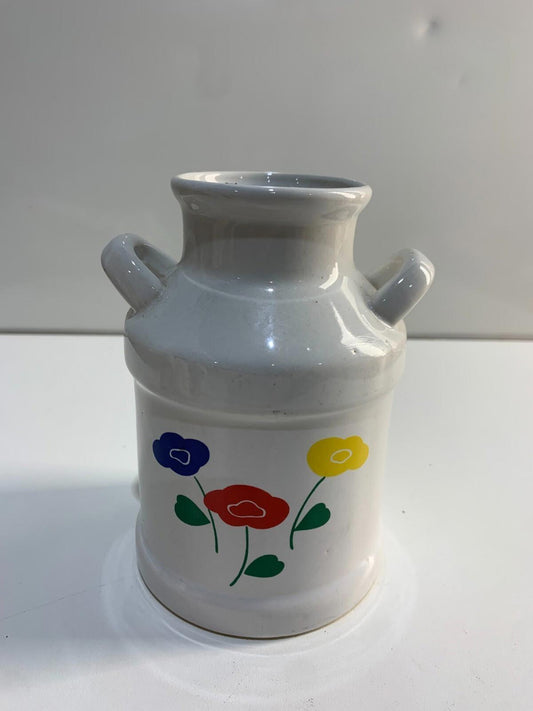 Vintage Ceramic Milk Jug Vase Flowers Red Blue Yellow Farm Decor