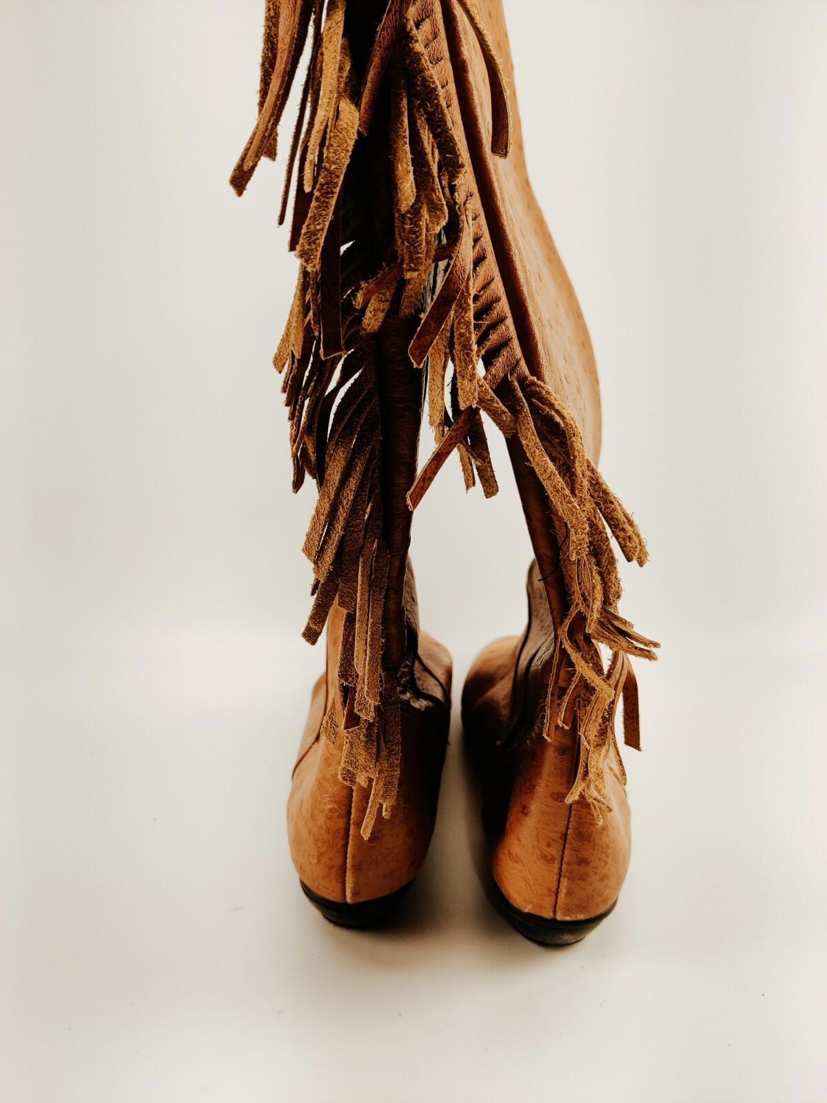 Vintage Cougar Tan Ostrich Leather Fringe Boots Women's Size 7.5