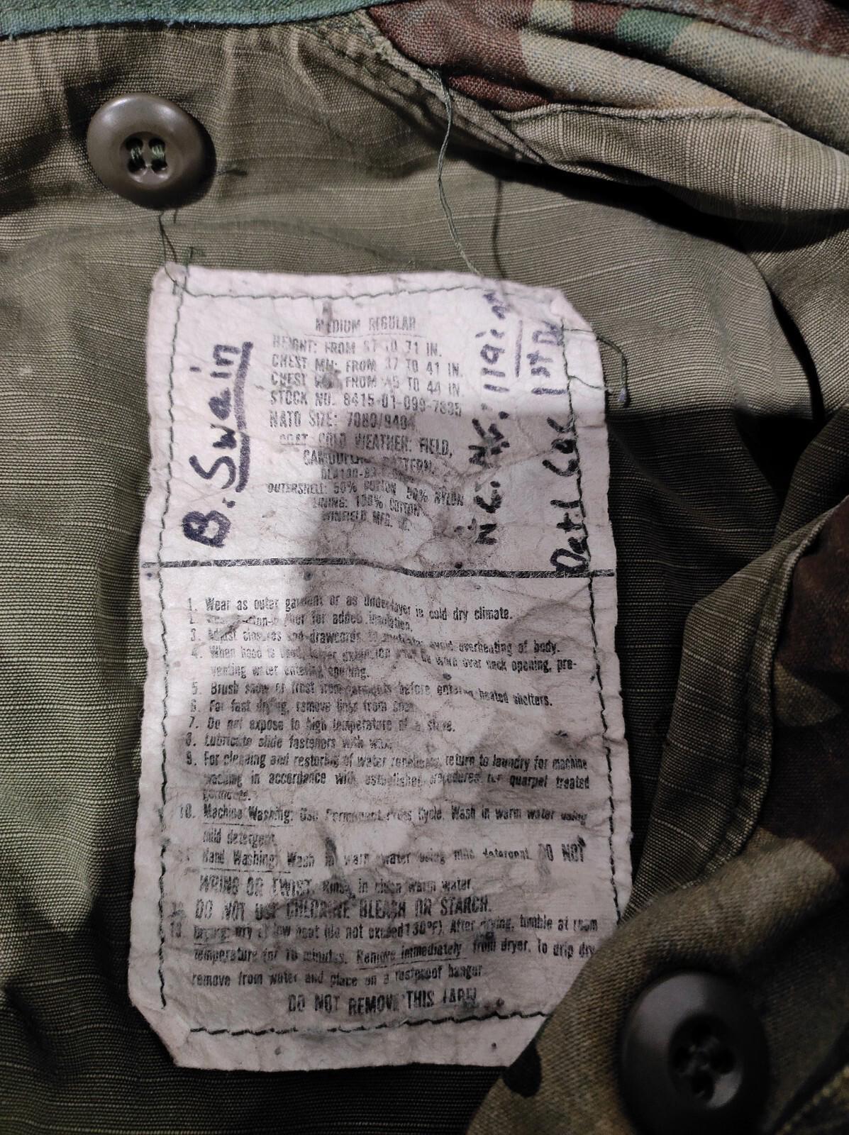 Vintage US Army Camo Lined Field Jacket "B. Swein" Cold Weather Size Medium