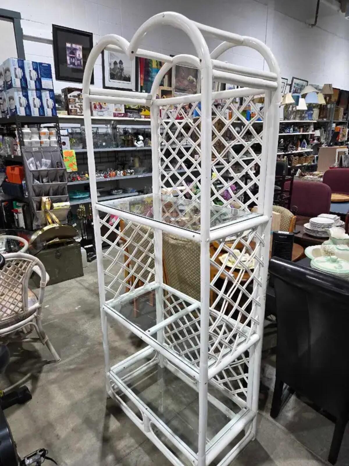 McGuire-Style Arched Cerused Rattan Étagère with 3 Glass Shelves