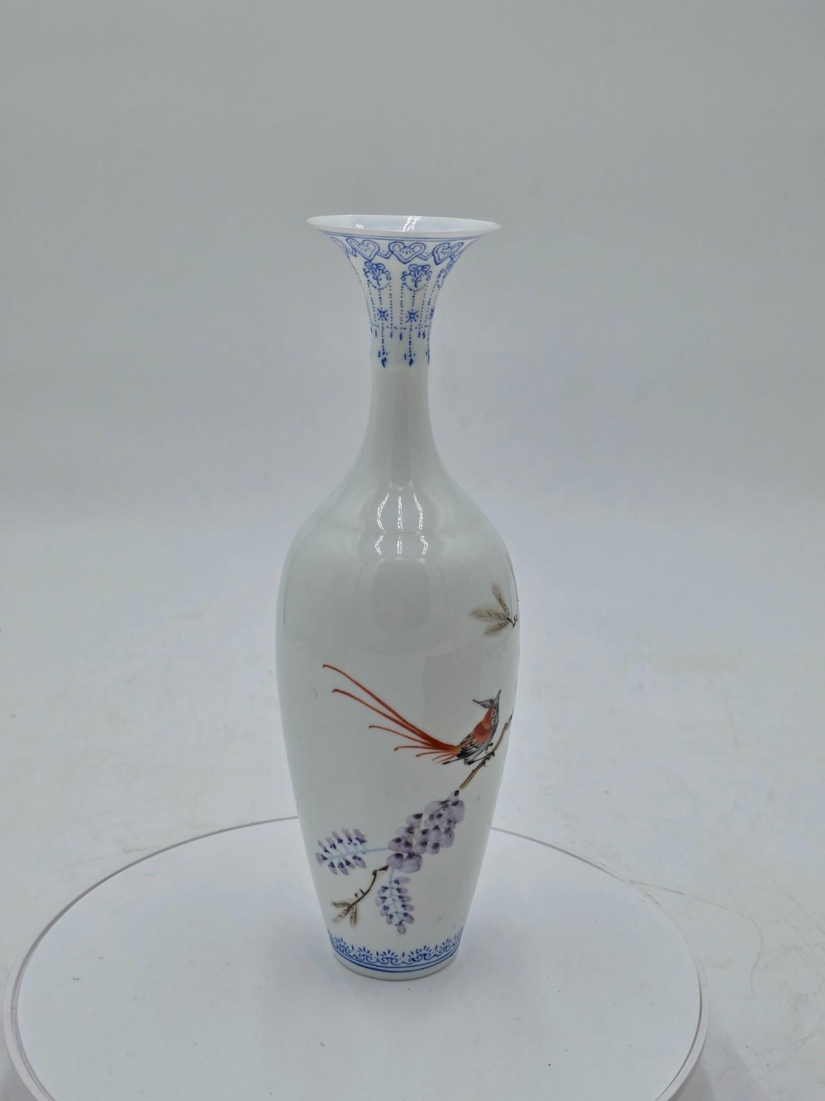 Chinese Eggshell Porcelain Vase Birds Flowers Calligraphy With Box