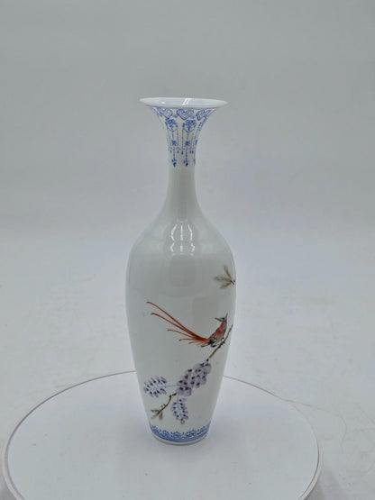 Chinese Eggshell Porcelain Vase Birds Flowers Calligraphy With Box