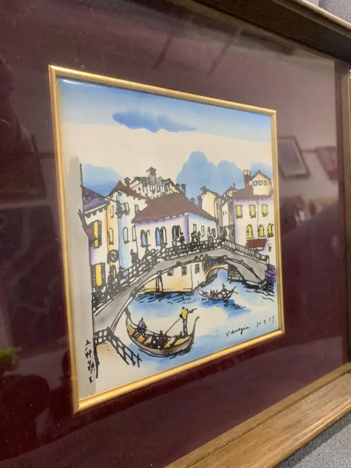 Framed Hand Painted Tile of Venice Canal