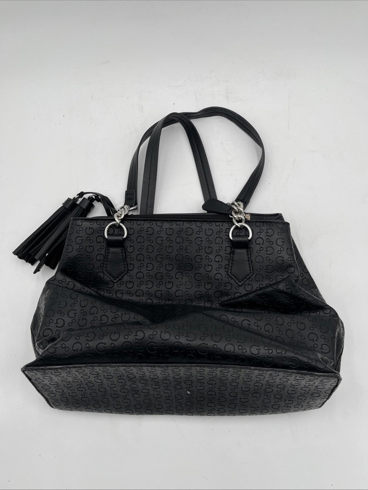 Guess Los Angeles Black Embossed Logo Satchel Purse Structured Tote Classic