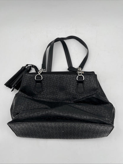 Guess Los Angeles Black Embossed Logo Satchel Purse Structured Tote Classic
