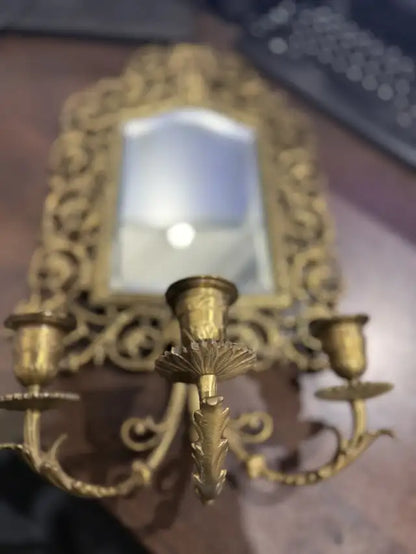 Vintage Brass Mirror With Candleholder