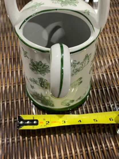 Decorative Ceramic Watering Can with green floral pattern