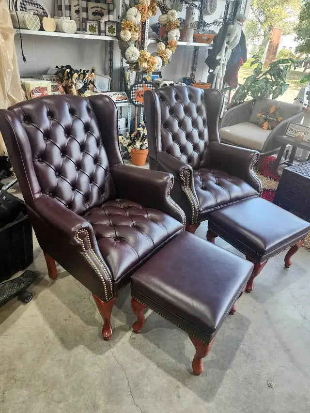 Faux Leather Wingback Chairs with Ottomans