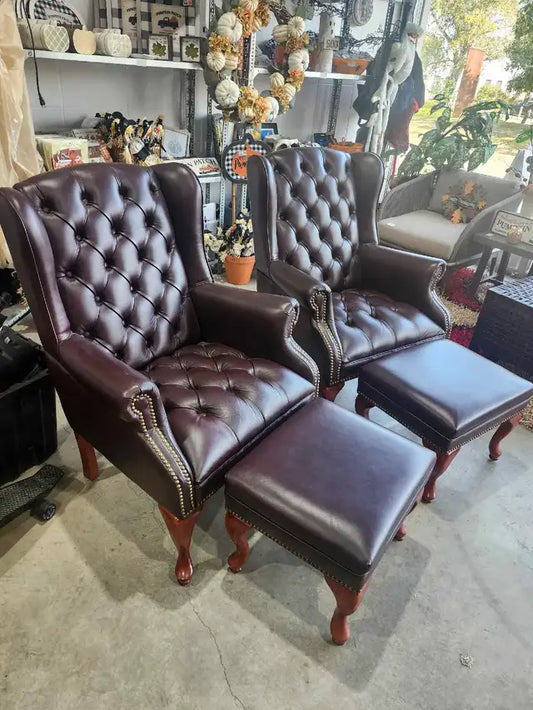 Faux Leather Wingback Chairs with Ottomans
