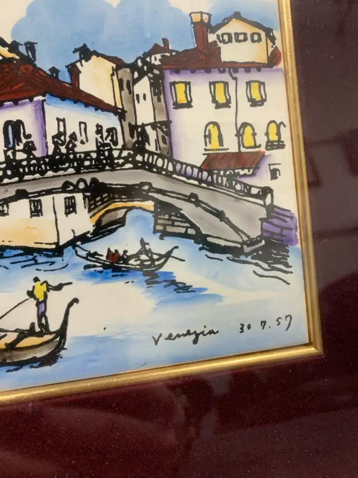 Framed Hand Painted Tile of Venice Canal