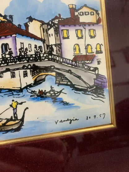 Framed Hand Painted Tile of Venice Canal