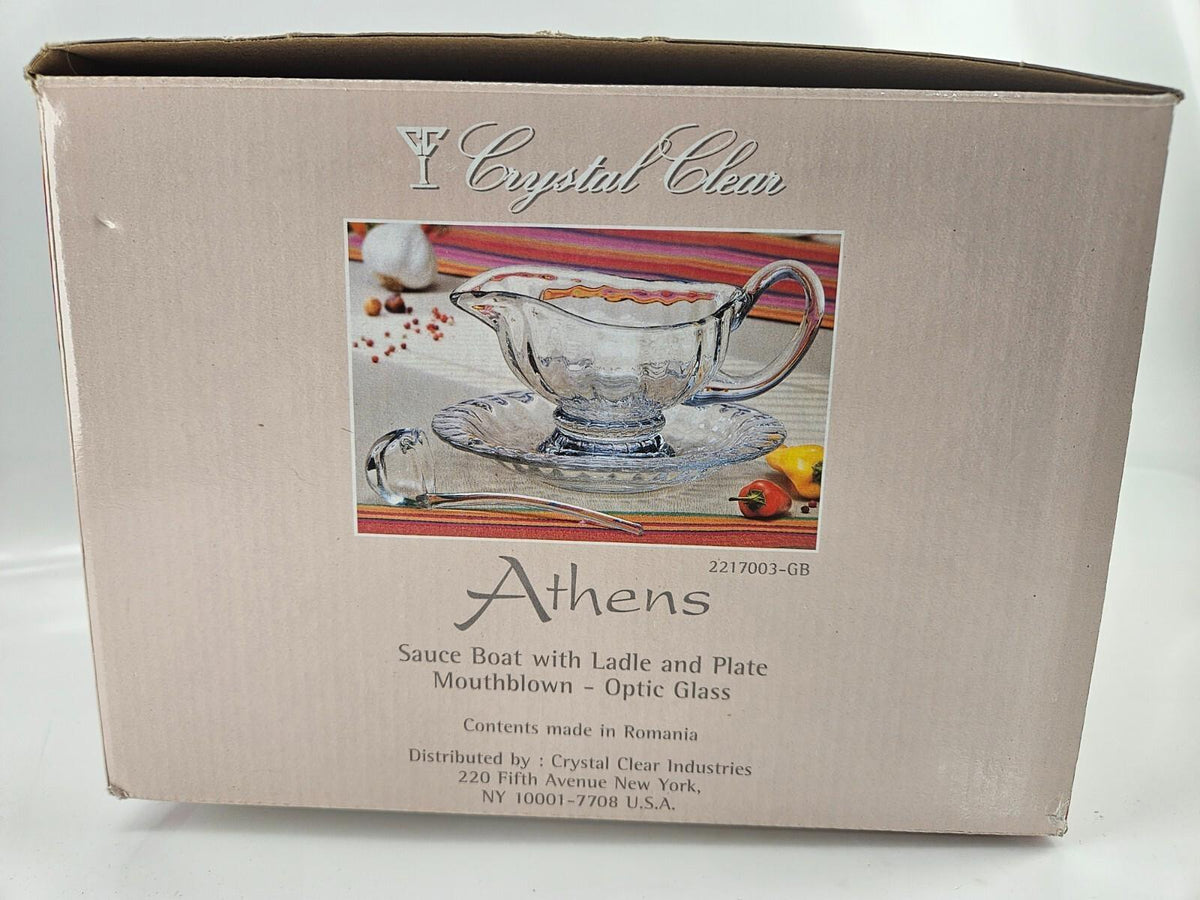 Handcrafted Crystal Glass Athens Sauce Boat w/ Ladle and Plate