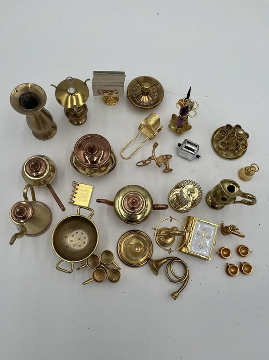 Vintage Brass Dollhouse Miniatures Lot Mixed Trinkets Copper Accents Curio Decor