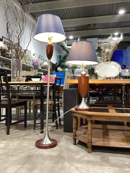 Vintage Lamp Pair with Blue Shades