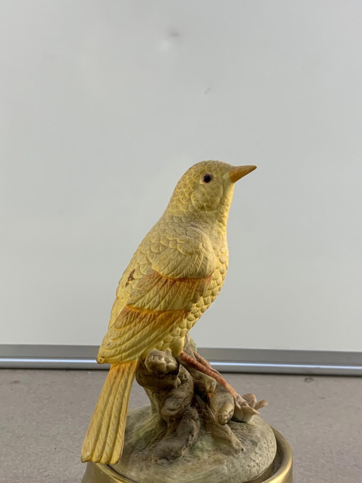 Vintage Yellow Ceramic Canary Bird On Branch Figurine Music Box