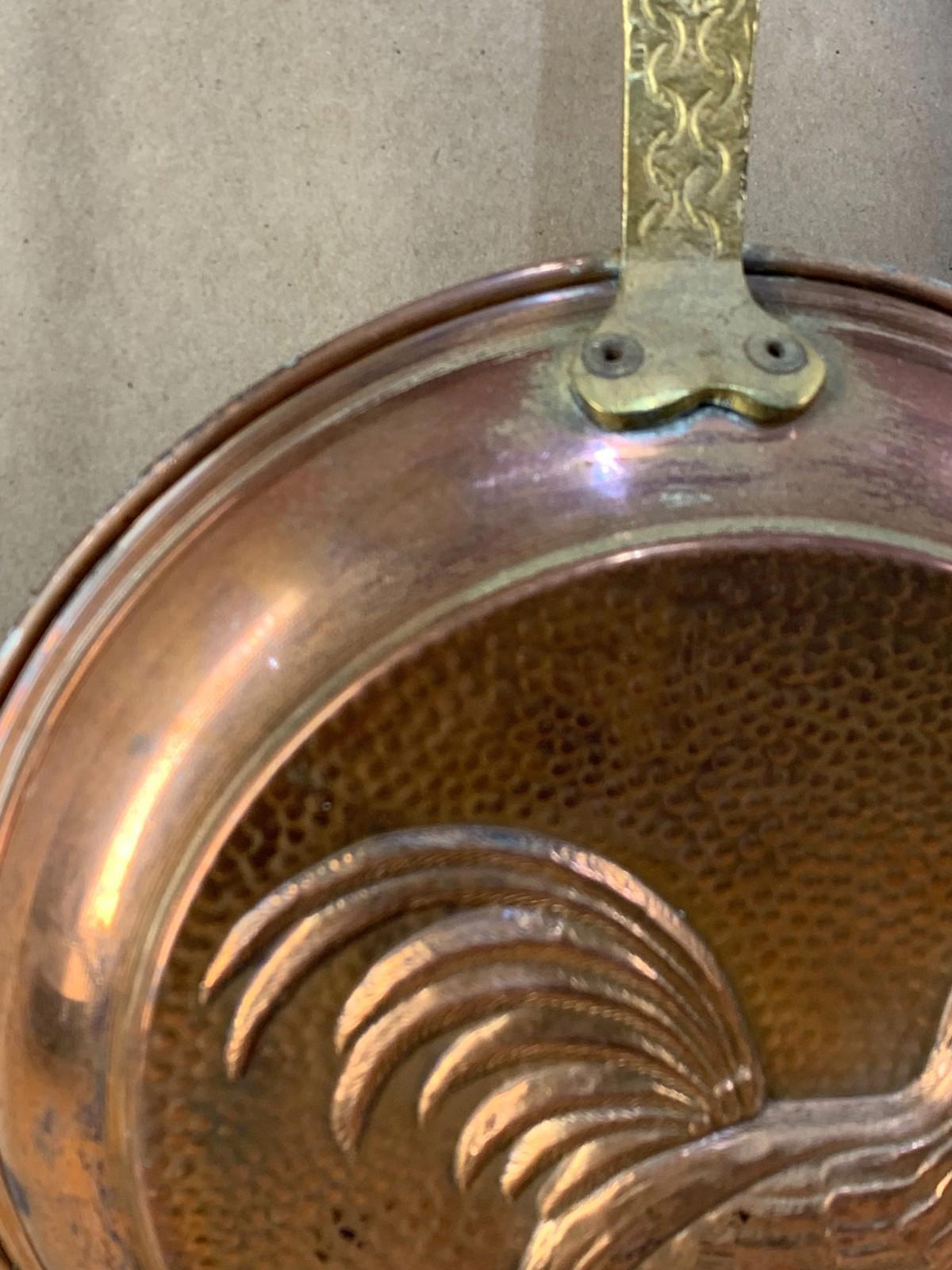 Vintage Copper Pan Mold Folk Rooster Brass Handle Great Patina