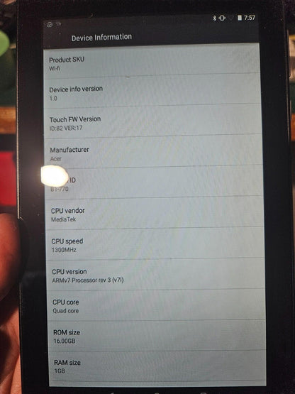 Acer Iconia One 7 B1-770 - 7-inch Black - 1GB RAM - 16GB - Factory Reset