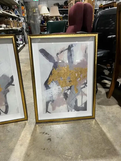 Set of 2 Framed Abstart Gold and Grey Art