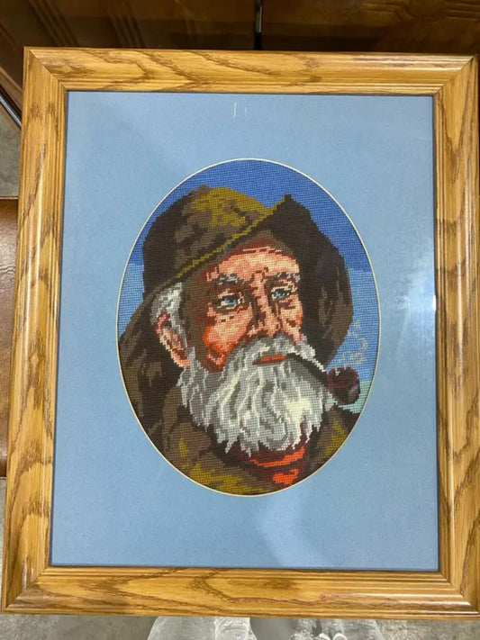Framed Needlepoint Fisherman Art
