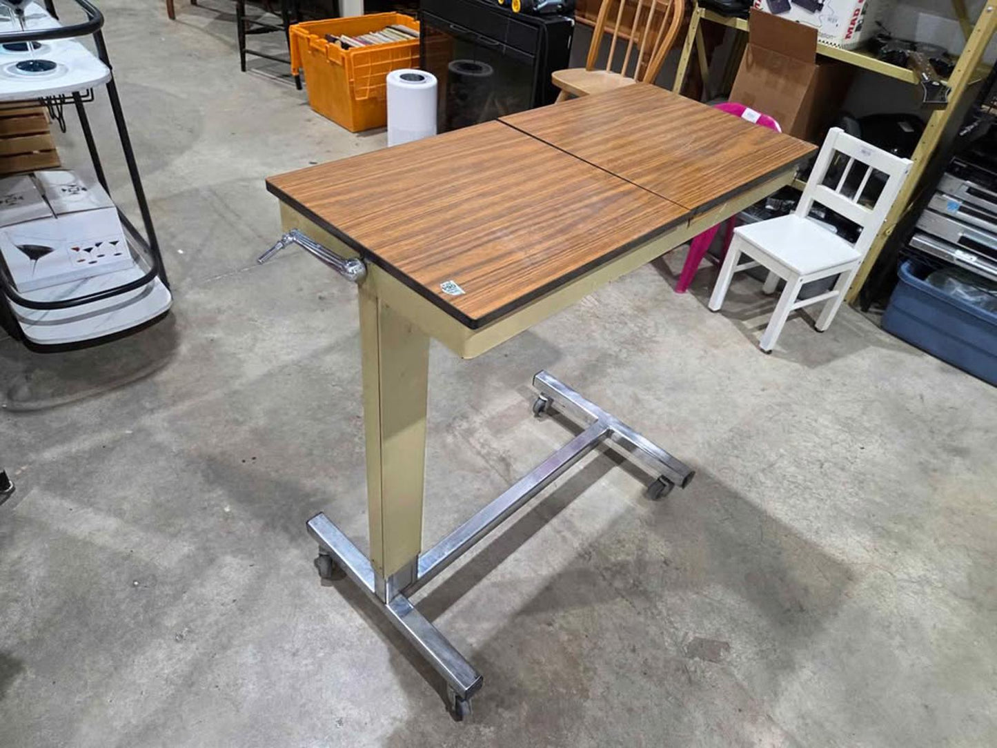 Vintage Adjustable Rolling Overbed Table w/ Storage & Mirror - 1974