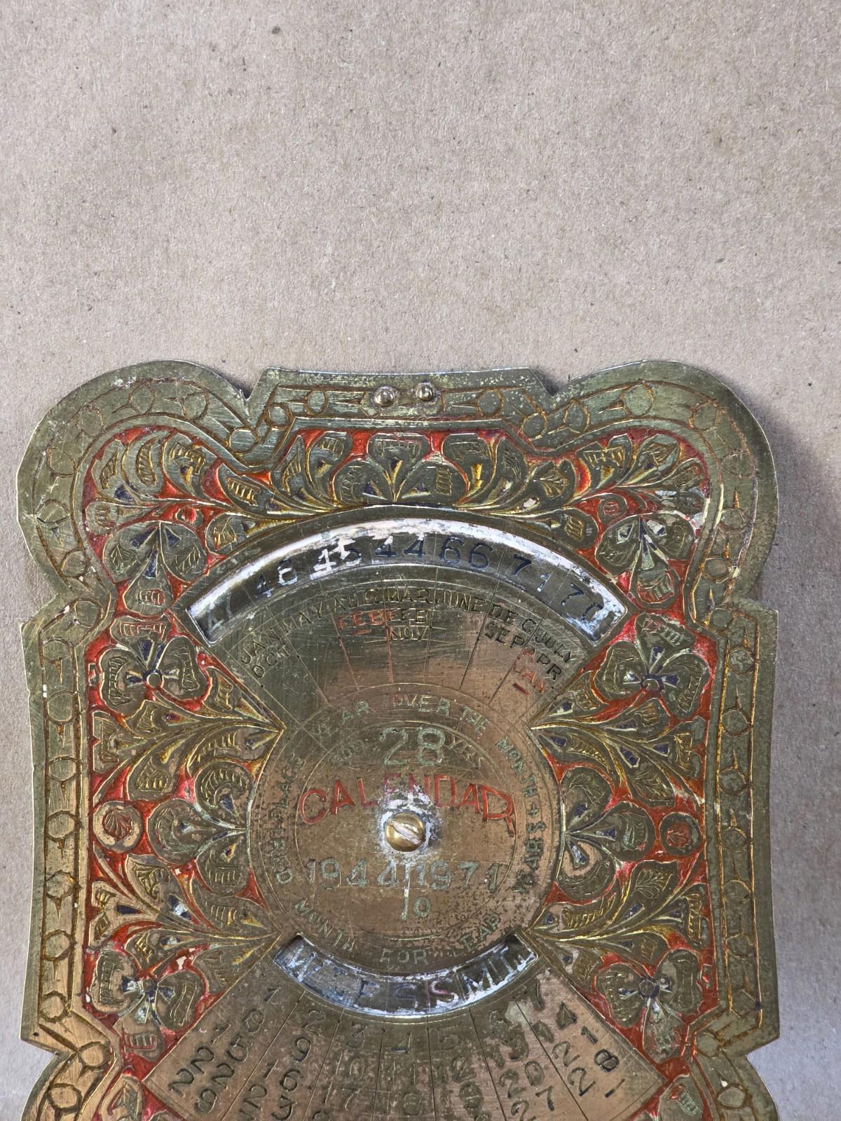Vintage Embossed Brass Perpetual Desk Calendar; 28-Year Calendar 1944 to 1971
