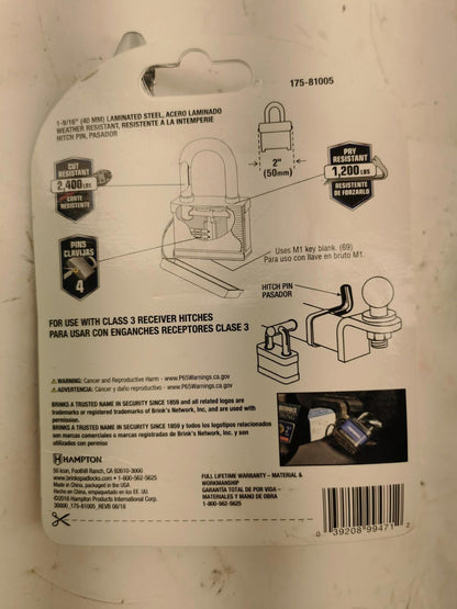 Lot of 2 BRINKS - 40mm Laminated Steel Weather Resistant Padlock with Hitch Pin