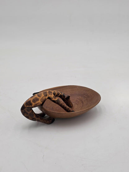African Art Hand Carved Wood Bowl Giraffe Drinking Jewlery Ring Trinket Dish