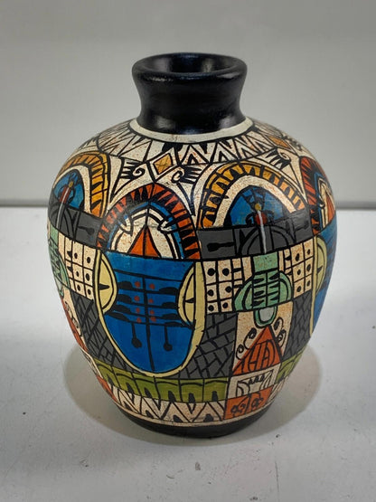 Hand painted tribal pottery vase geometric patterns abstract colors