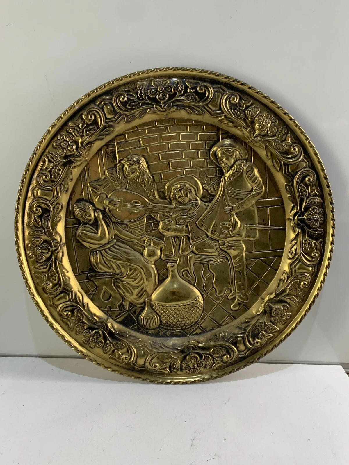 Brass Embossed Plate Pub Tavern Lute Scene Wall Hanging 16in England MCM S391