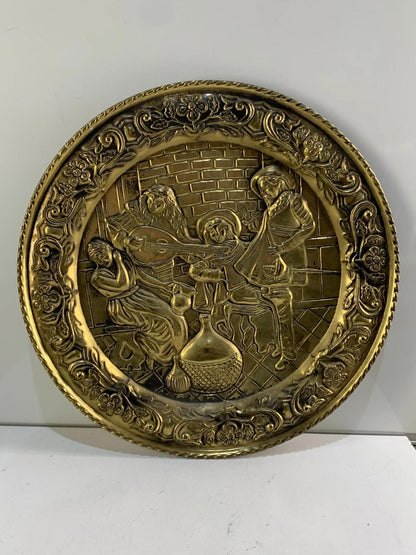 Brass Embossed Plate Pub Tavern Lute Scene Wall Hanging 16in England MCM S391