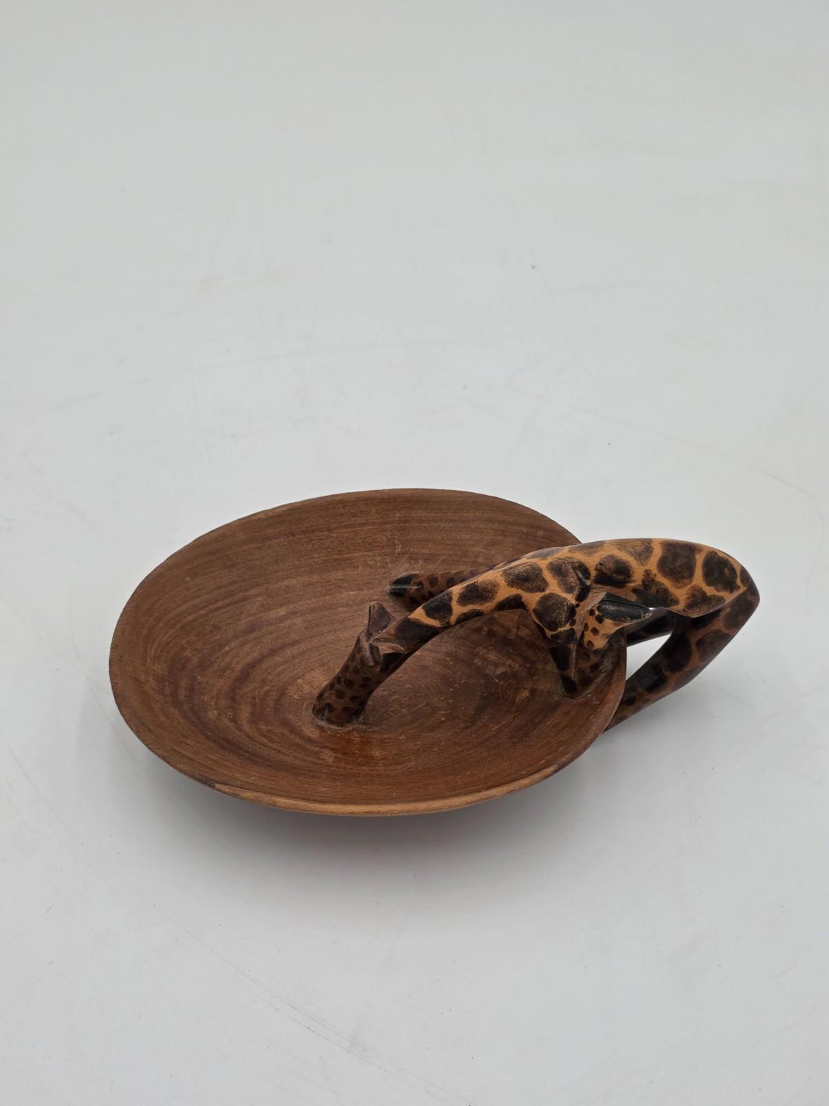 African Art Hand Carved Wood Bowl Giraffe Drinking Jewlery Ring Trinket Dish