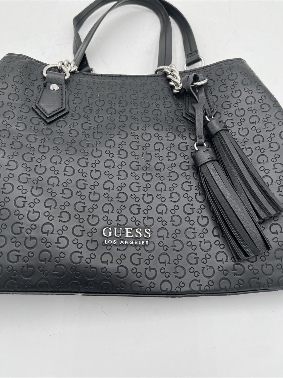 Guess Los Angeles Black Embossed Logo Satchel Purse Structured Tote Classic