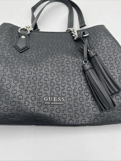 Guess Los Angeles Black Embossed Logo Satchel Purse Structured Tote Classic