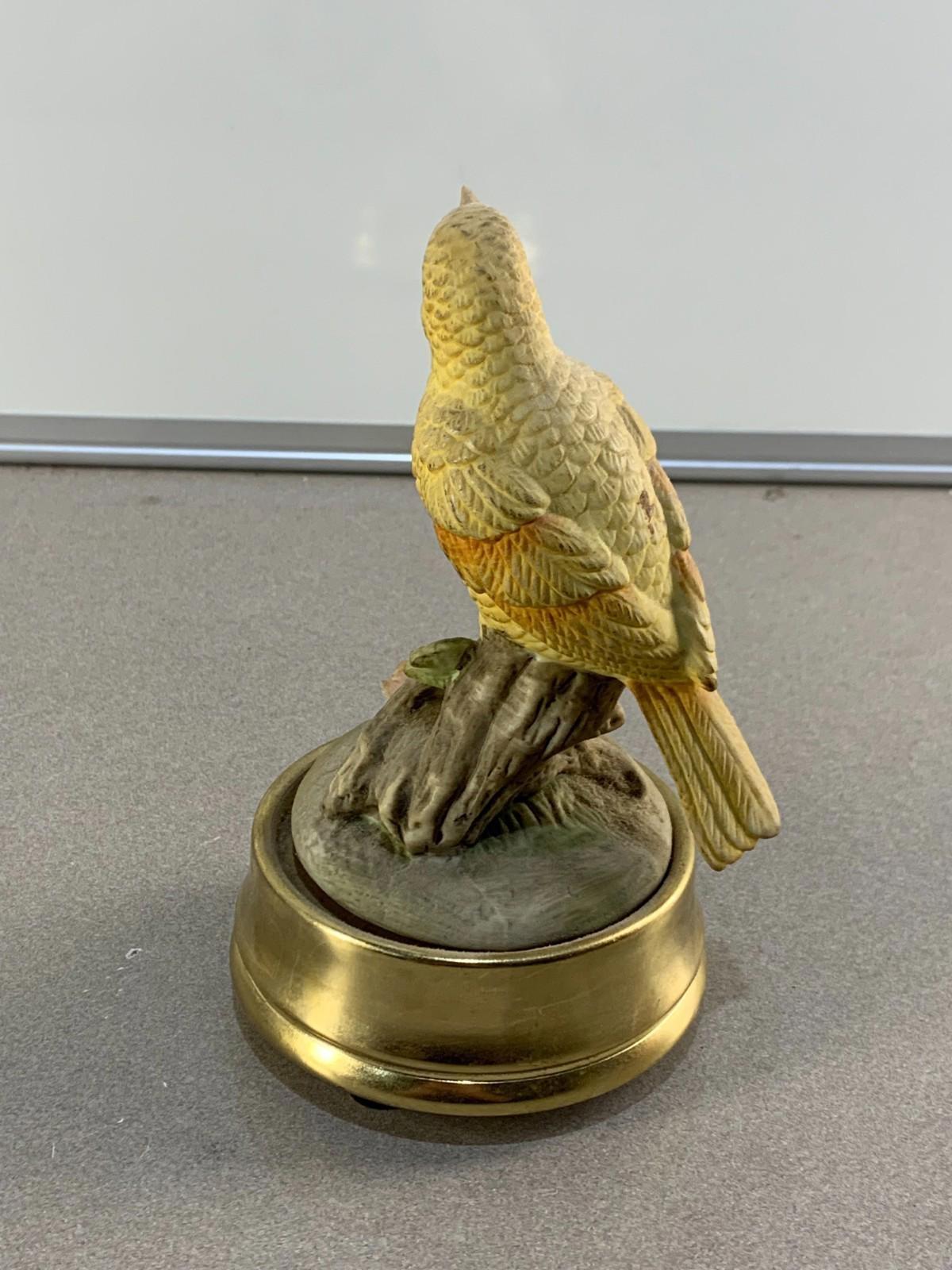 Vintage Yellow Ceramic Canary Bird On Branch Figurine Music Box
