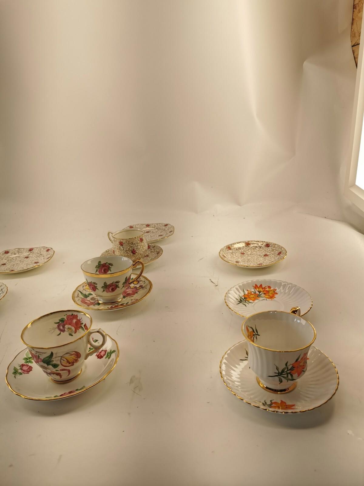 Assorted bone china set 4 cups and 10 saucers. Made in England/Japan/China