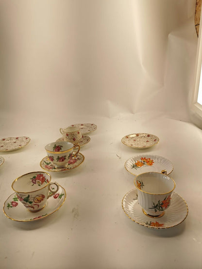 Assorted bone china set 4 cups and 10 saucers. Made in England/Japan/China