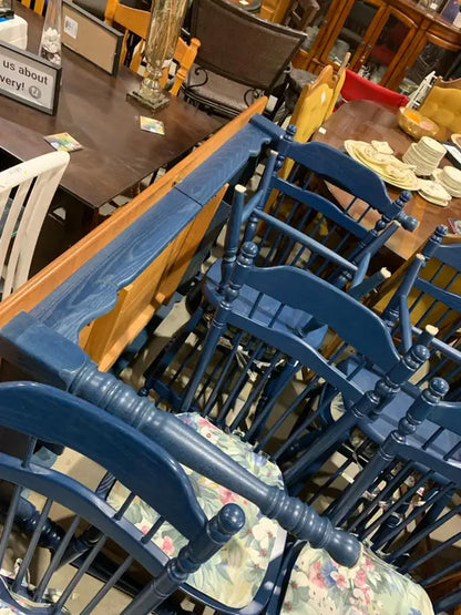 Large Wooden Dining Table and Navy Chairs (8)