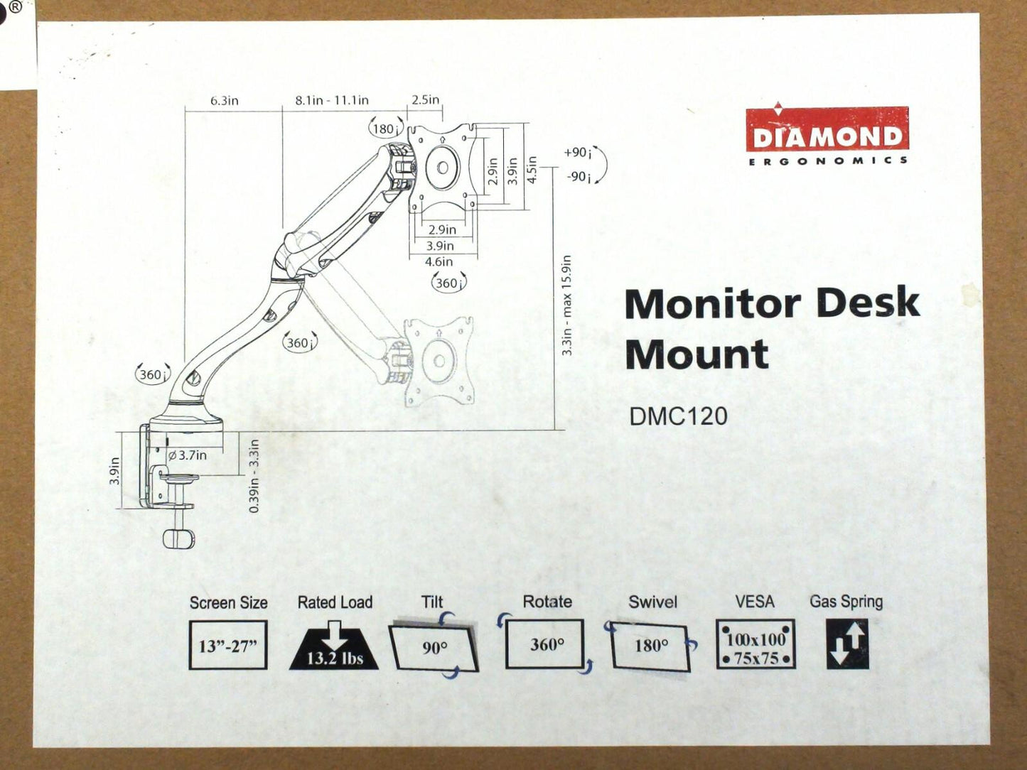 New | Diamond Ergonomics Interactive Monitor Desk Mount | DMC120 | 13" - 27" |
