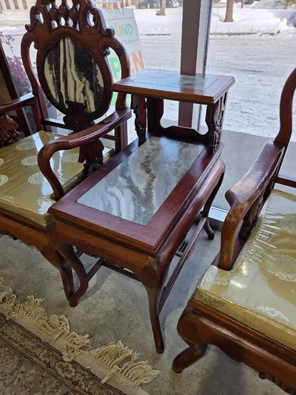 Chinese Carved Chairs and Table with Marble