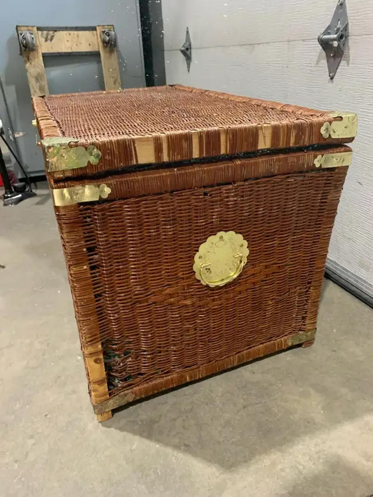 Large Wicker Trunk with Detailed Gold Hardware