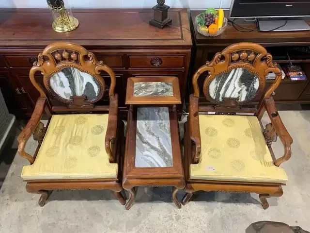 Vintage Chinese Marble Inlay Armchair Set