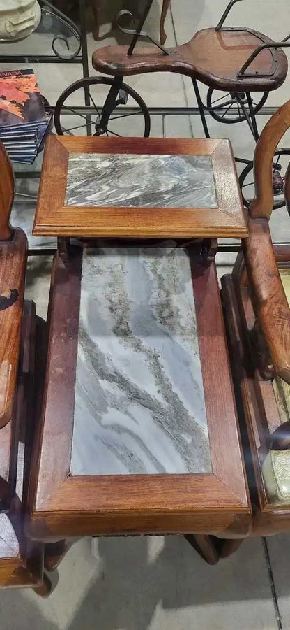 Vintage Asian Style Marble Inlay Chairs and Side Table